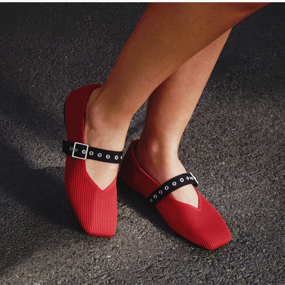 Red Ribbed Mary Jane Flats with Black Buckle Strap